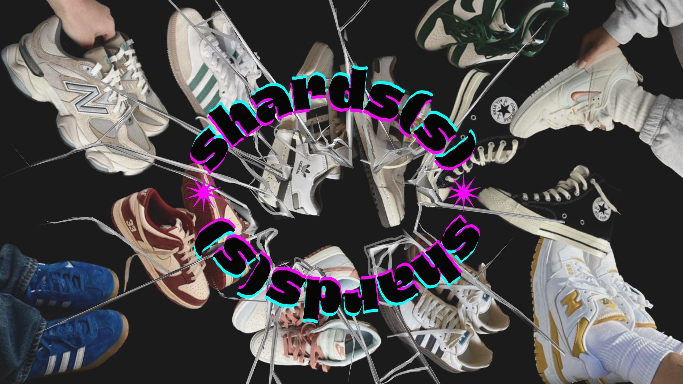 Collage of various sneakers with colorful text overlay on a black background